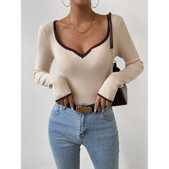 Black Contrast Trim sweater top V-neck Fitted Plazacore Business Minimalist - Picture 3 of 3